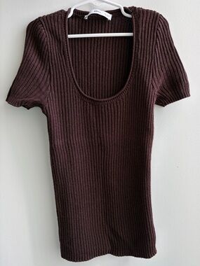 Mango Knitted Scoop Neck Short Sleeve Top - Brown